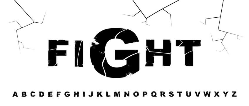 Black broken font made with broken stylized letters. Decorative alphabet bold grunge type isolated on white background. The Fight sign. Vector illustration