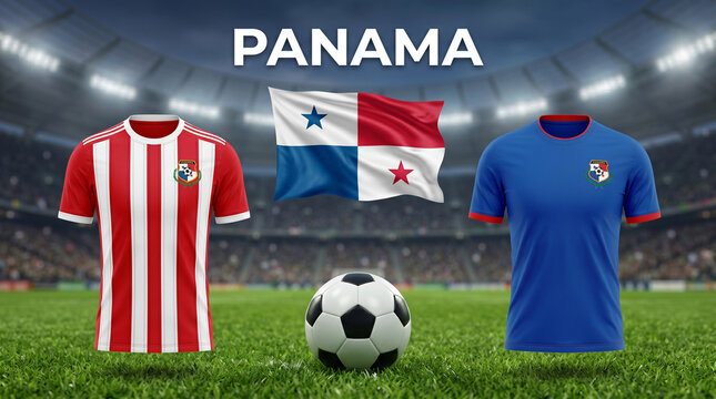 Panama soccer jerseys and flag on green field with ball