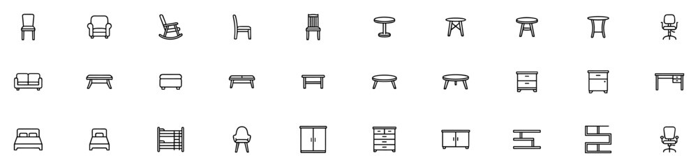 Fototapeta premium Set of various simple line art furniture icons including chairs, tables, sofas, beds, stools, armchairs, cabinets, and shelves on transparent background