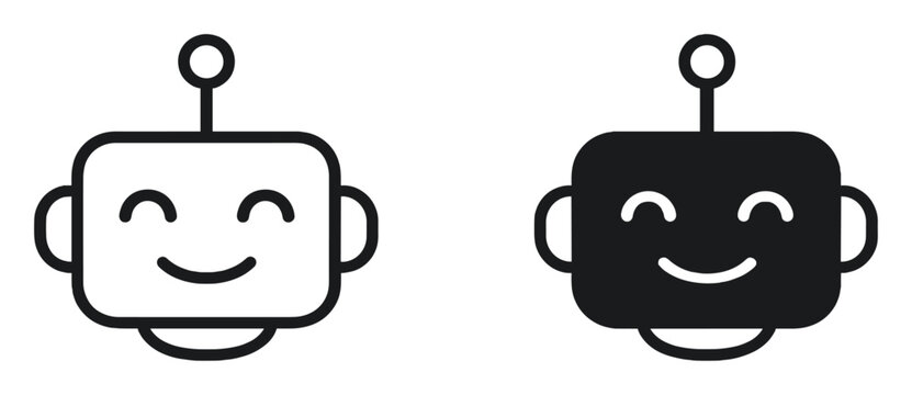 Smiling robot face icon set with outline and solid styles, friendly technology and artificial intelligence concept illustration on transparent background