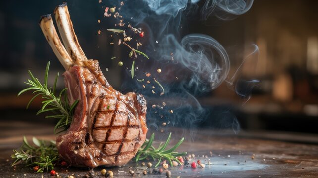 Grilled lamb chop with herbs and smoke rosemary