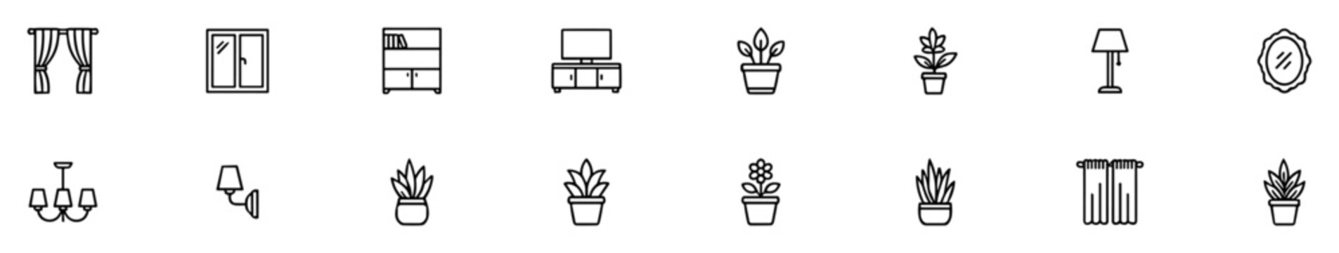 Set of hand drawn home interior icons including curtains, windows, shelves, plants, lamps, chandelier, and mirror on transparent background