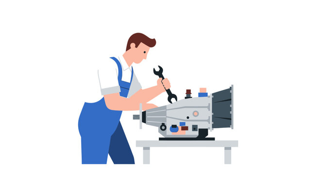 Mechanic fixing car transmission with wrench, workshop illustration