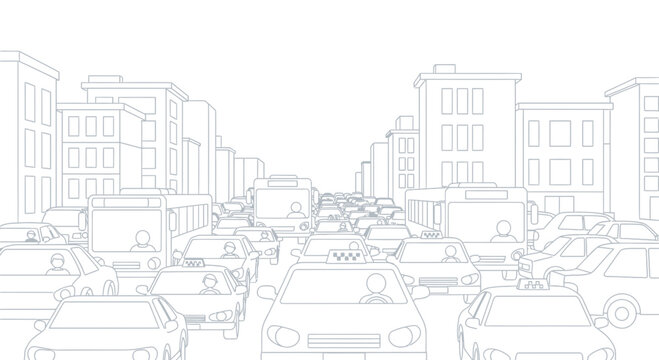 City Traffic Jam Illustration: Cars, Buses, and Buildings in Congestion