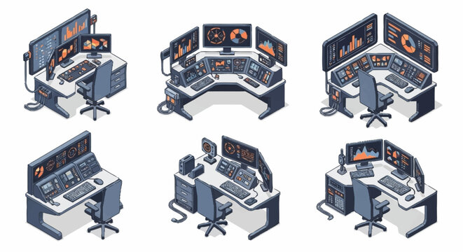 Isometric view of multiple computer workstations with multiple monitors displaying charts and data, representing a control room or data analysis center.