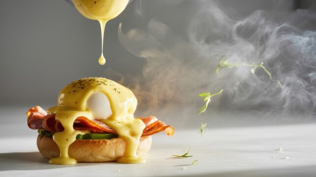 Eggs benedict with hollandaise sauce being poured breakfast