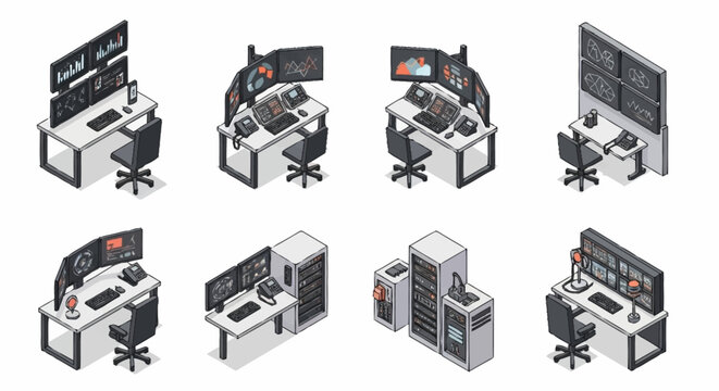 Isometric set of security control rooms with multiple monitors, computers, and servers, representing surveillance and monitoring.
