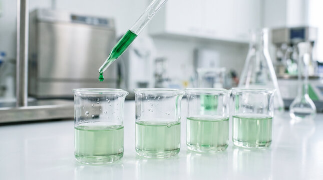Green Liquid Dropper in Laboratory Glassware
