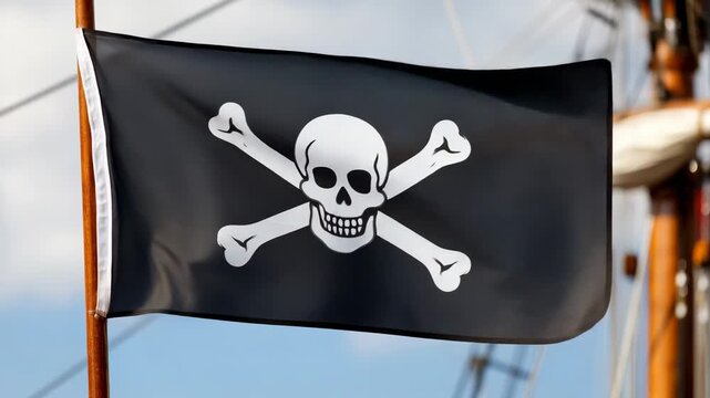 A black pirate flag shows a skull and crossbones as it waves in the wind. The flag moves above a ship on a clear day. This scene captures a classic symbol of piracy on the water