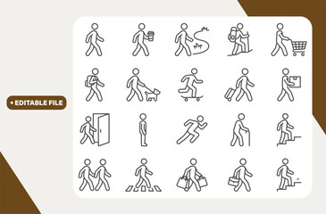 Obraz premium People Walking, icon set. Human figures in motion: walking, running, entering, shopping, carrying bags, with luggage, with dog, hiking, skateboarding, stairs, daily activity. Line with editable stroke