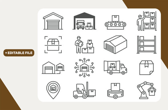 Logistics warehouse icons set. Safe storage and movement of cargo and goods. Terminal. linear icon collection. Line with editable stroke