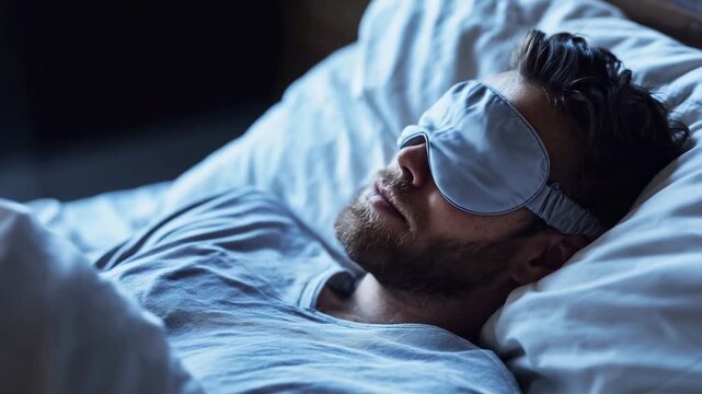 A man lies in bed wearing an eye mask. He is resting under soft covers in a dark room at night. The quiet atmosphere surrounds him as he sleeps