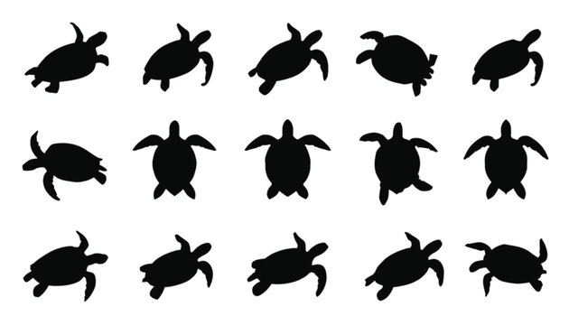 Collection of stylized turtle silhouettes swimming in various directions on a white background.