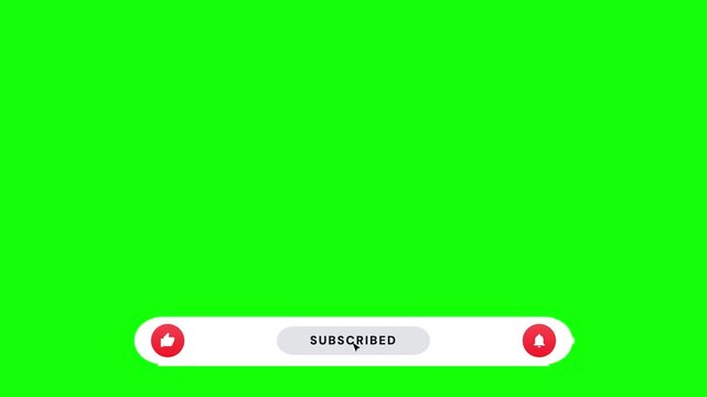 Animated subscribe button with bell notification and green screen background.