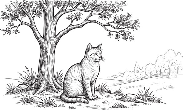 Peaceful cat sitting beneath a massive old tree with spreading roots, vintage hand-drawn vector engraving of cozy pet and nature serenity.