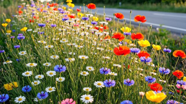 Colorful wildflowers blooming in a roadside ditch under warm sunlight. Red poppies and blue cornflowers growing next to an asphalt highway. Blurred car driving past in the background