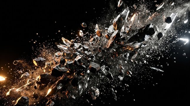 Exploding rock fragments and debris scatter against a dark background