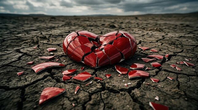 Large porcelain red heart shattered into many pieces resting on a dry parched earth surface. The cracks in the ground mirror the
