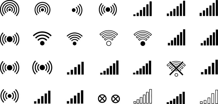 Set of black wireless signal connection and network bar status icons