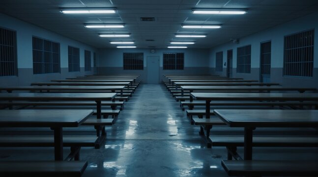 Empty prison cafeteria with rows of tables and benches under fluorescent lights. Stark industrial interior with barred windows and concrete floor. The vacant room evokes isolation and confinement.