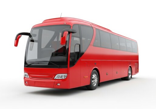 A modern red coach bus isolated on white background