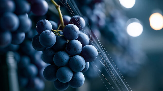 Close-up of a fresh bunch of dark grapes with spiderwebs in a moody wine cellar, atmospheric food concept, grape wine cellar photography, dark vineyard visualization, defocused