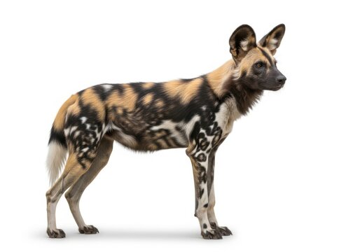 African wild dog standing, isolated on white background
