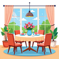 Obraz premium Dining table with four red chairs.