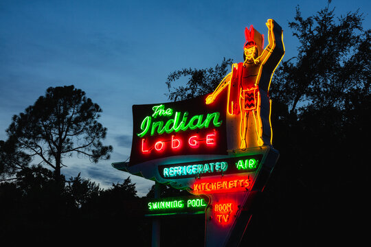 Historic Indian Lodge neon sign at night in Wagoner, Oklahoma, September 2020