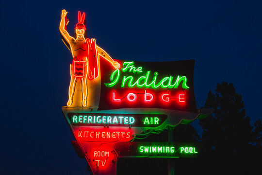 Historic Indian Lodge neon sign at night in Wagoner, Oklahoma, September 2020