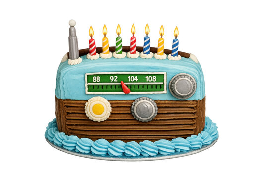 Retro radio birthday cake with blue frosting, wooden grill, tuning dial, antenna and colorful lit candles, isolated PNG on transparent background for music party and celebration design uses.