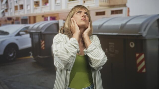Woman with hands on cheeks looking up beside large dumpster on residential street wearing green top; frustration.