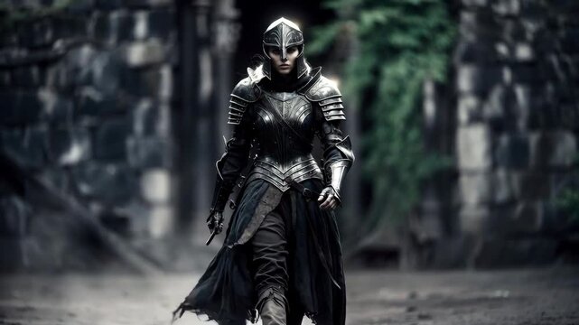 Armored warrior walking forward in dark fantasy style against old stone ruins background, concept of strength and determination