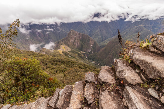Aerial view of Machu Picchu ruins and Urubamba river valley from Machu Picchu mountain, Peru
