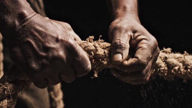 Close up of rough worker hands pulling a thick frayed rope against a dark background