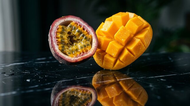 Fresh mango and passionfruit on table.