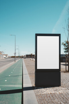 Empty vertical advertising board beside a green bicycle lane and quiet boulevard, offering clean outdoor space for campaign artwork under bright blue sky; with a copy-space area on the left