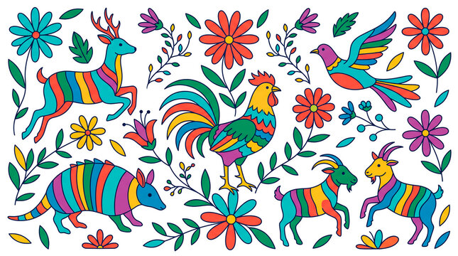 ilustraciones de animales y naturaleza coloridos inspirados en M&eacute;xico y su cultura tradicional
