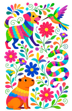 ilustraciones de animales y naturaleza coloridos inspirados en M&eacute;xico y su cultura tradicional