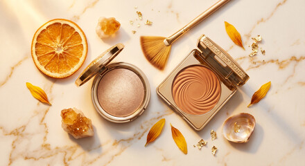 Fototapeta premium Highlighter Bronzer Open Compact with Gold Brush Flat Lay on Marble — Summer Glow Beauty Photography