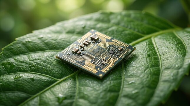 Biochip technology microchip sitting on an organic nature leaf surface, microelectronics circuit macro innovation, science digital