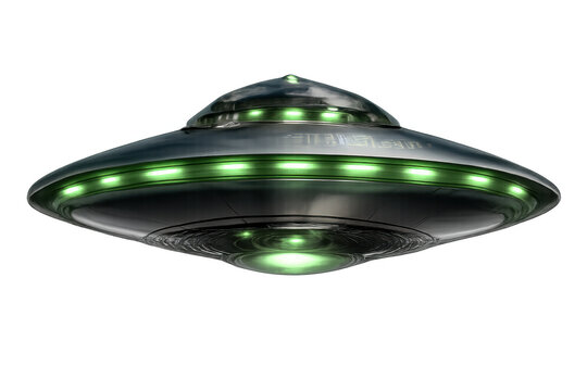 Futuristic metallic UFO spacecraft with glowing green lights, realistic flying saucer isolated PNG on transparent background for alien, sci-fi, space, mystery, technology and fantasy themes
