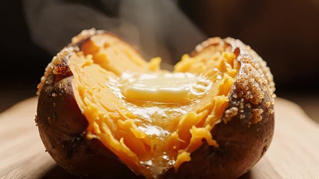 Delicious Baked Sweet Potato with Melting Butter Steaming Hot.