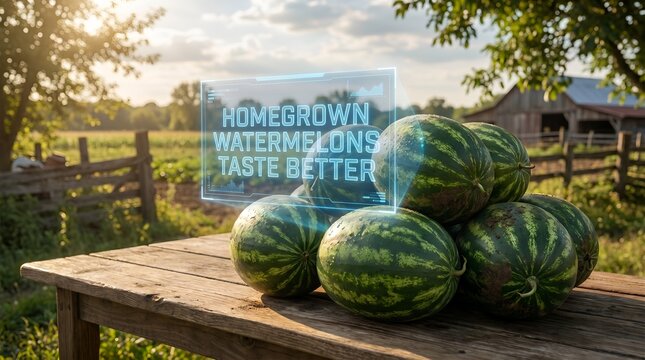 Fresh watermelons on a wooden table in a rural setting