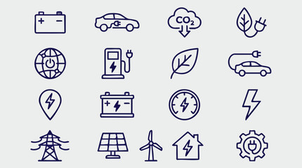 Fototapeta premium Electric Vehicles, Renewable Energy, and Eco-Friendly Line Icons Set