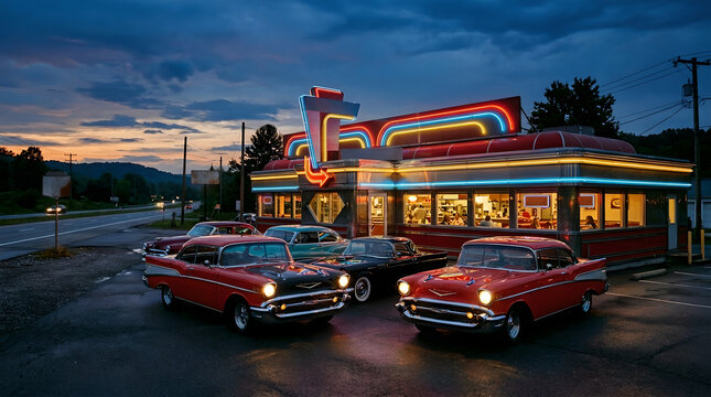 Classic American diner glows with neon lights at twilight, vintage cars parked outside.