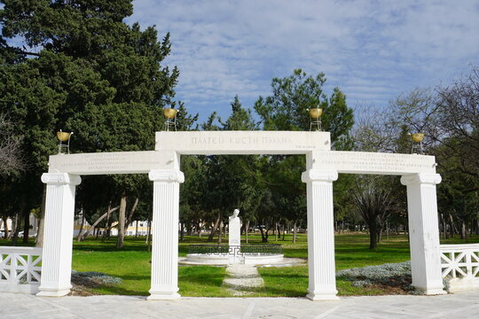 The historic Kostis Palamas Square in the old town of Paphos, Cyprus, honors the famous Cypriot poet with a landmark statue.