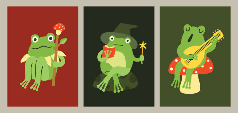 Funny frog character, froggy mascot characters poster or postcard set. Frog sitting with mushroom, singing, wizard. Simple flat doodle style, green, yellow and red. Print, sticker, children, animal.