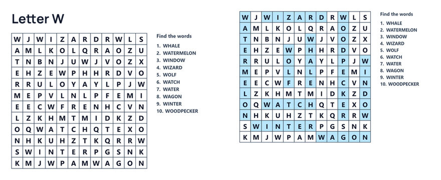 Word seek puzzle sheet. Word search puzzle solution featuring words that start with the letter W