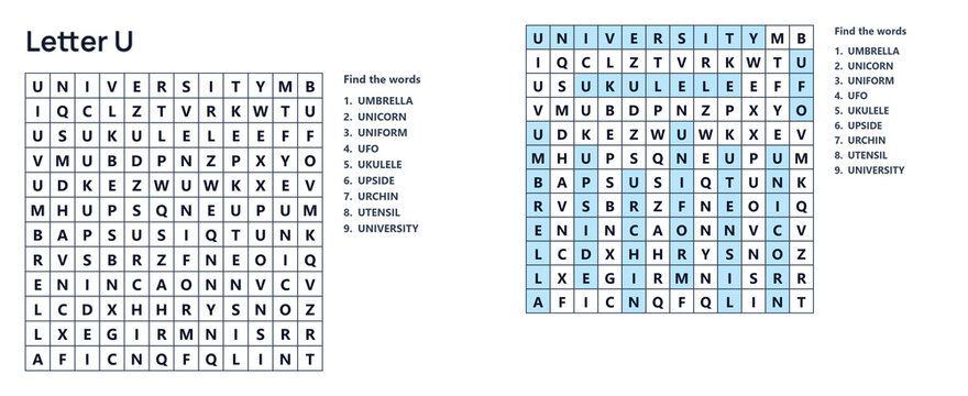 Word seek puzzle sheet, Word search puzzle with letter U words and solution grid